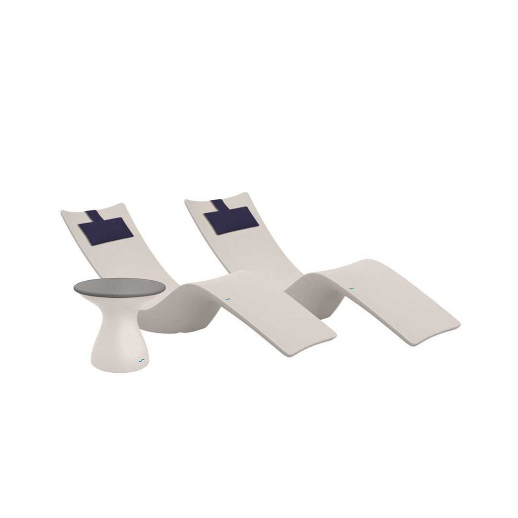 Resort Luxury Outdoor Paradise In-Pool Furniture Bundle, 2x Cloud Autograph Chaises, 2x Captain Navy Headrest Pillows, Cloud with Gray Lid Side Table 