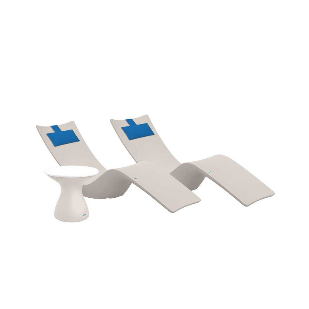 Resort Luxury Outdoor Paradise In-Pool Furniture Bundle, 2x Cloud Autograph Chaises, 2x Capri Headrest Pillows, Cloud with White Lid Side Table 