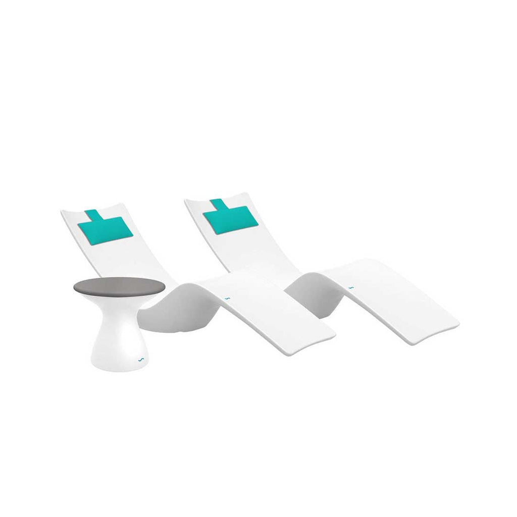 Resort Luxury Outdoor Paradise In-Pool Furniture Bundle, 2x White Autograph Chaises, 2x Aruba Headrest Pillows, White with Gray Lid Side Table 