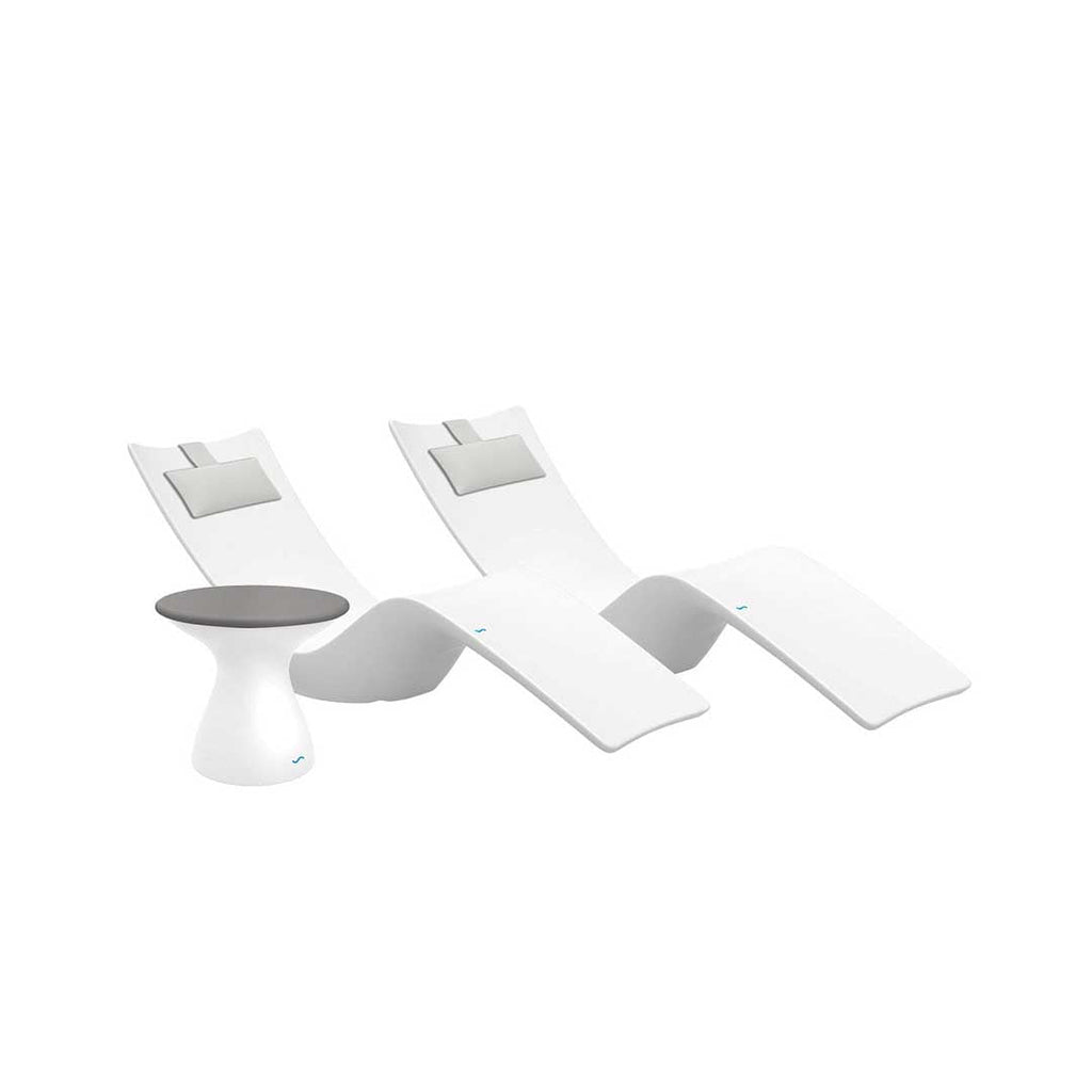 Resort Luxury Outdoor Paradise In-Pool Furniture Bundle, 2x White Autograph Chaises, 2x White Headrest Pillows, White with Gray Lid Side Table 
