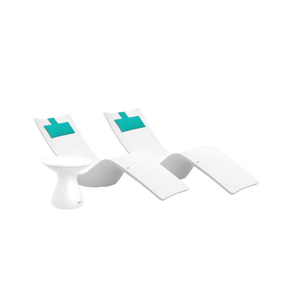 Resort Luxury Outdoor Paradise In-Pool Furniture Bundle, 2x White Autograph Chaises, 2x Aruba Headrest Pillows, White with White Lid Side Table 
