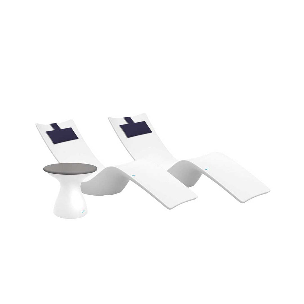 Resort Luxury Outdoor Paradise In-Pool Furniture Bundle, 2x White Autograph Chaises, 2x Captain Navy Headrest Pillows, White with Gray Lid Side Table 