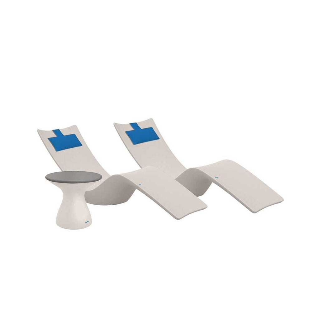 Resort Luxury Outdoor Paradise In-Pool Furniture Bundle, 2x Cloud Autograph Chaises, 2x Capri Headrest Pillows, Cloud with Gray Lid Side Table 