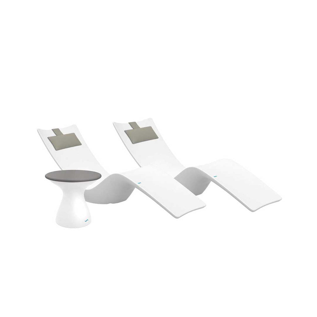 Resort Luxury Outdoor Paradise In-Pool Furniture Bundle, 2x White Autograph Chaises, 2x Cadet Gray Headrest Pillows, White with Gray Lid Side Table 