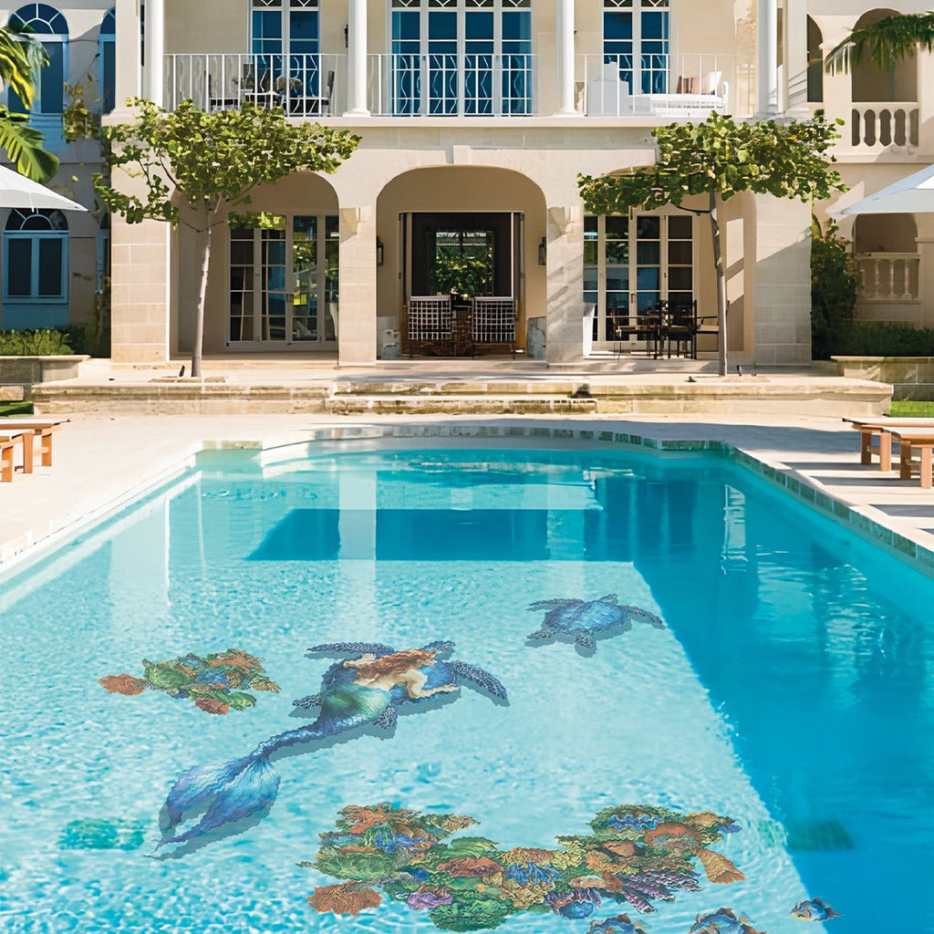 Mermaid with Blue Turtle w/ Shadow | Pool Mosaic by Custom Mosaics