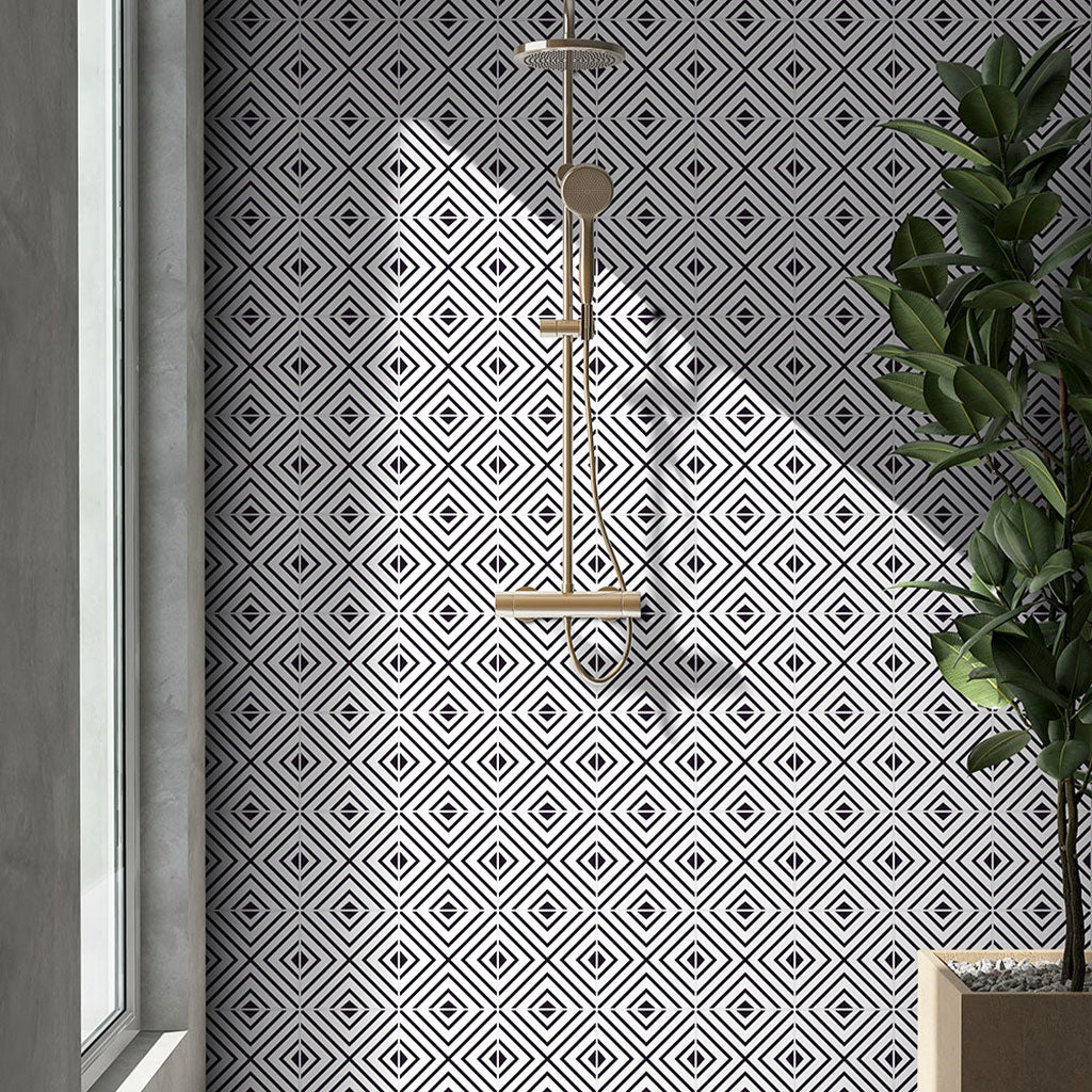 Black and white mid-century modern patterned tile on shower wall