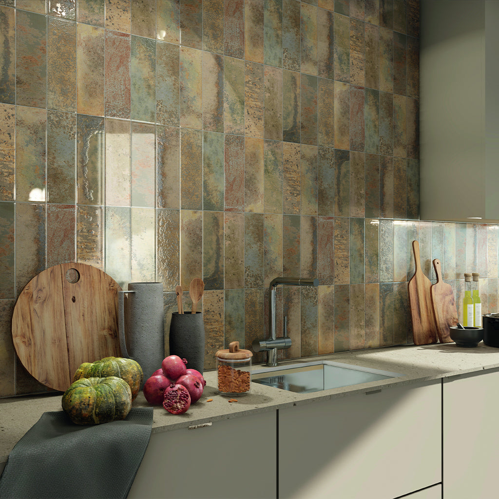 Brown porcelain subway tile on kitchen backsplash