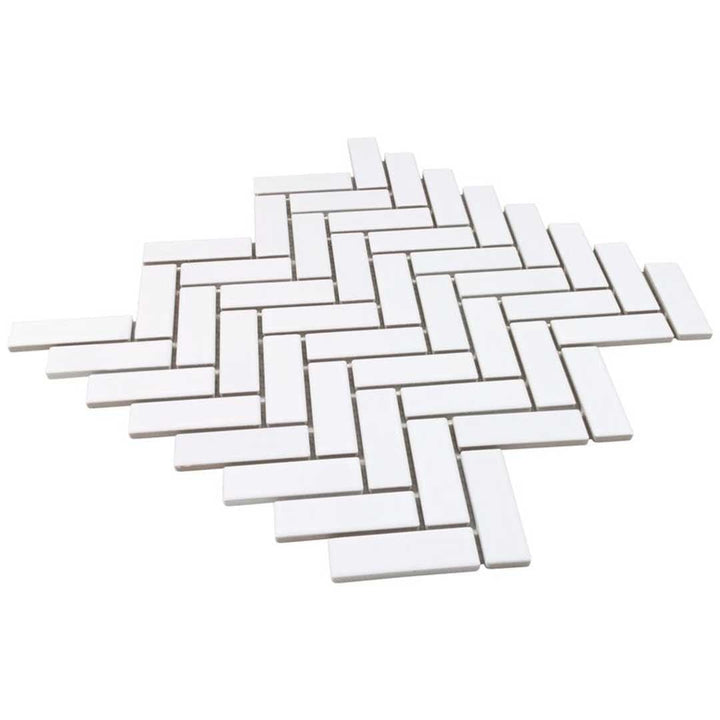 Porcelart White Glossy, Herringbone Mosaic | Porcelain Tile