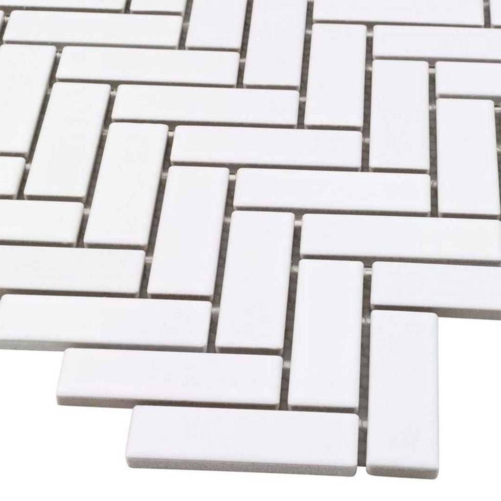 Porcelart White Glossy, Herringbone Mosaic | Porcelain Tile
