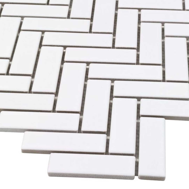 Porcelart White Glossy, Herringbone Mosaic | Porcelain Tile