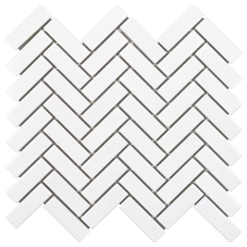 Porcelart White Glossy, Herringbone Mosaic | Porcelain Tile