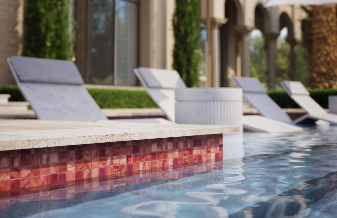 red glass tile with side table and in pool loungers