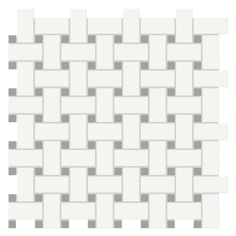 Soho Canvas White w/ Cement Chic Dot, Basketweave Mosaic Ceramic Tile