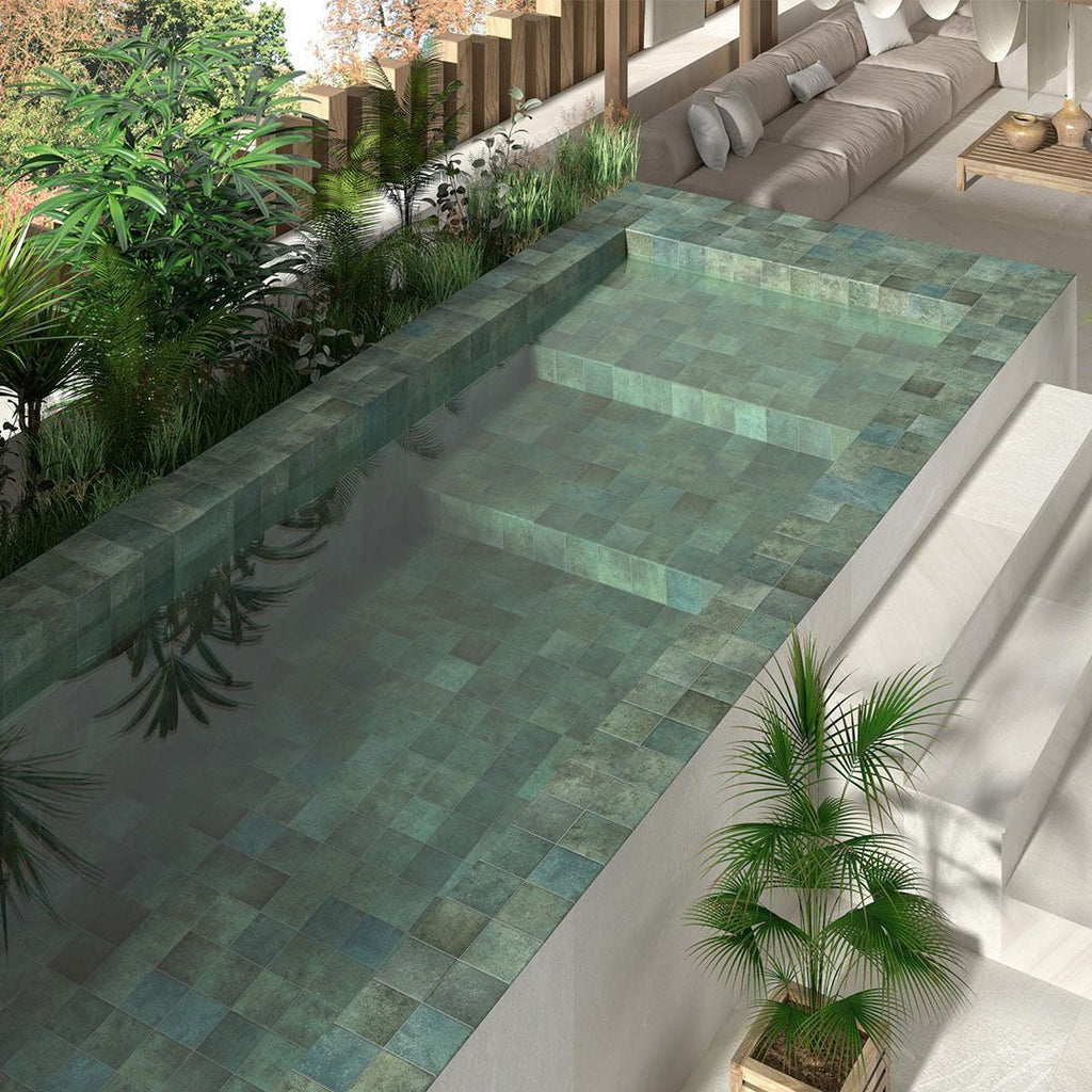 Tahiti Emerald Glossy, 6" x 6" Porcelain Tile | Zellige-Look Pool Tile