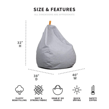 Gray bean bag chair with size and features displayed on a white background