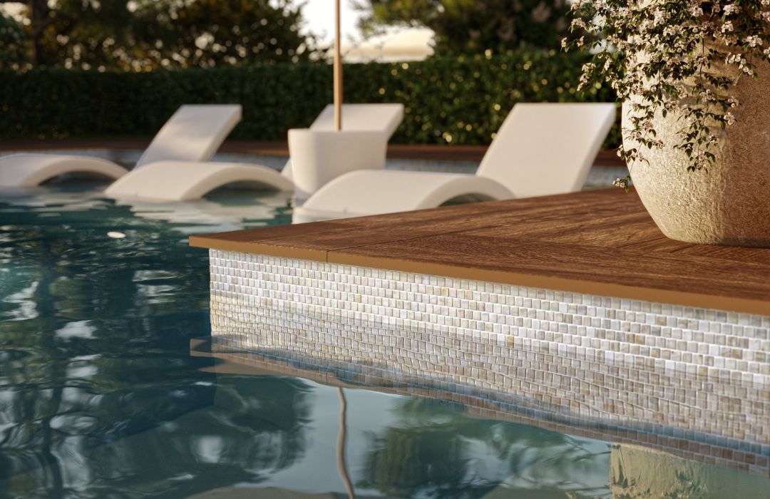 white glass tile with plant, in pool chaise and side table