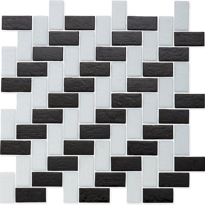 Onyx and White, 1" x 2" Herringbone Double Stripe Pattern Glass Tile