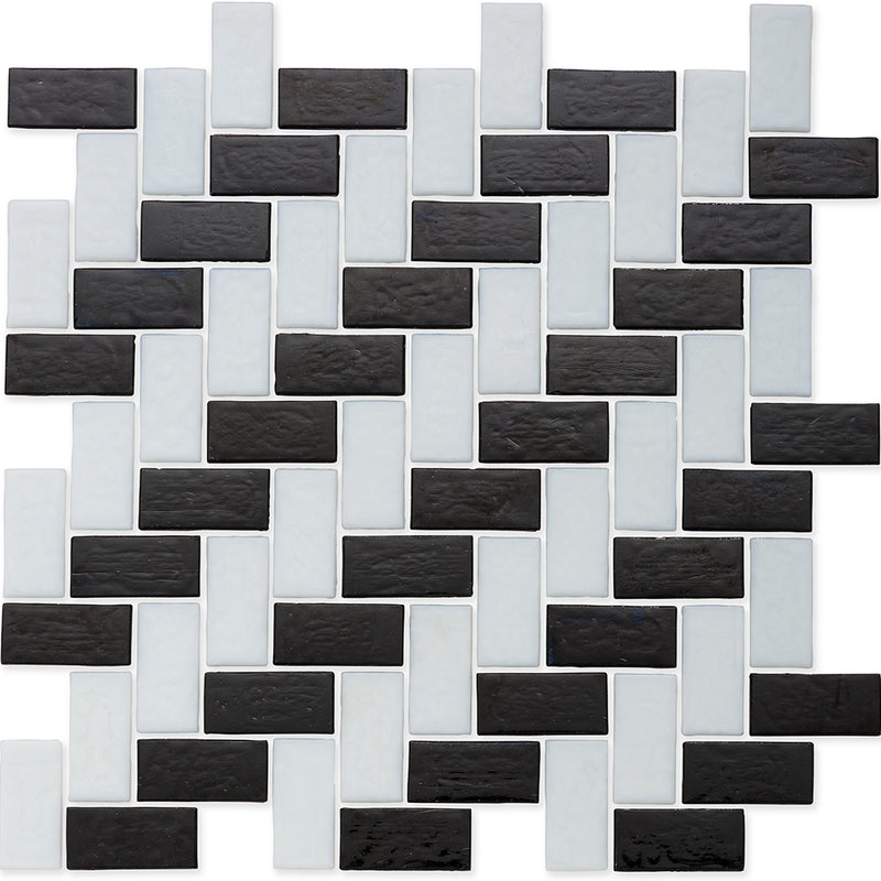 Onyx and White, 1" x 2" Herringbone Double Stripe Pattern Glass Tile