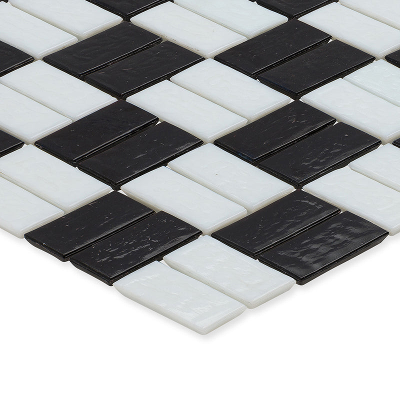 Onyx and White, 1" x 2" Basket Weave Alternating Pattern Glass Tile