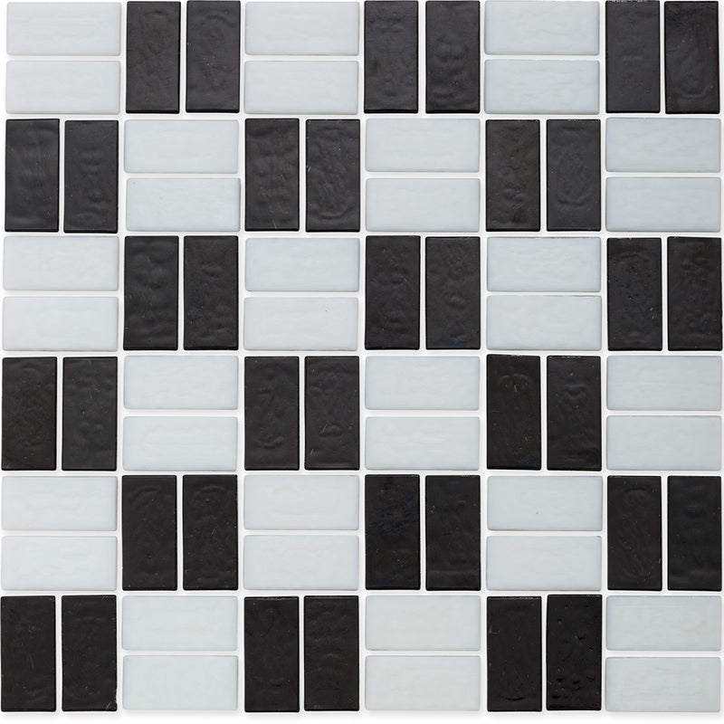 Onyx and White, 1" x 2" Basket Weave Alternating Pattern Glass Tile