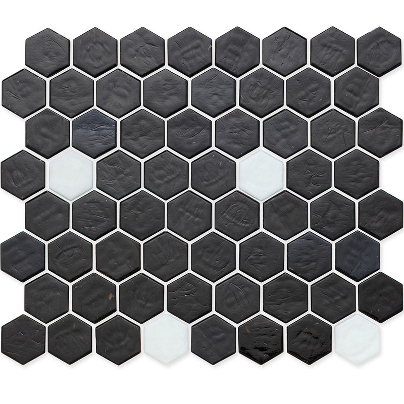 Onyx with White Dot, Hex Dot Pattern Glass Tile