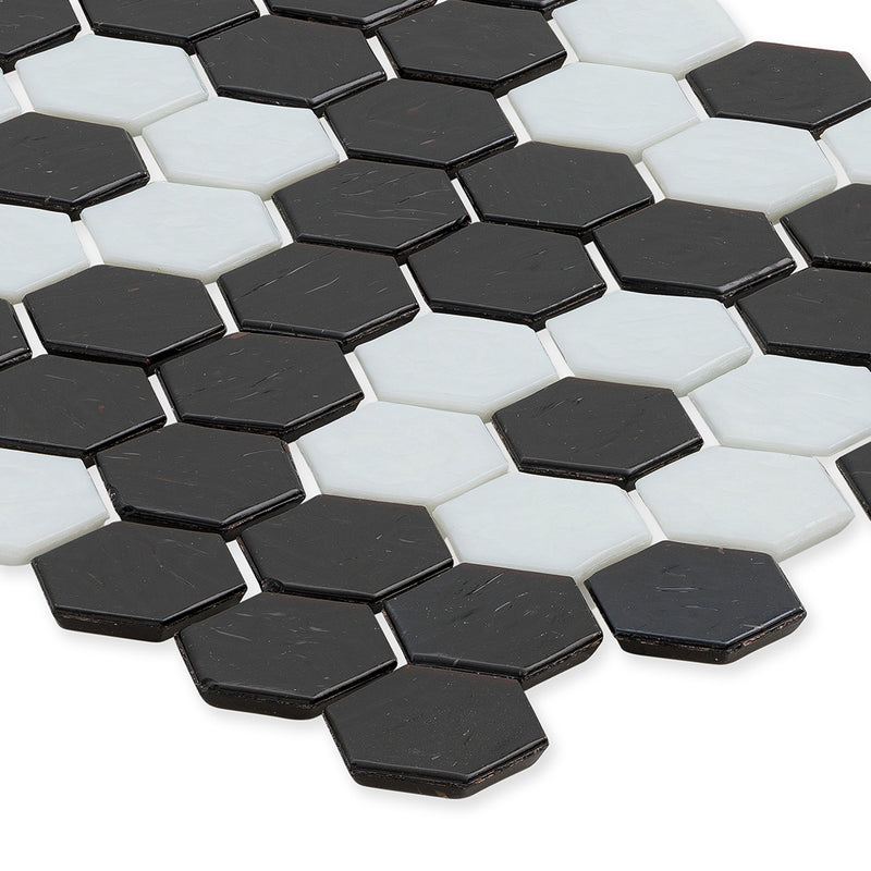 Onyx with White Flower, Hex Flower Pattern Glass Tile