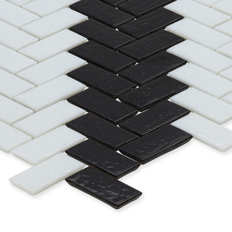 Onyx and White, 1" x 2" Herringbone Stripe Pattern Glass Tile