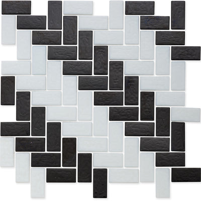 Onyx and White, 1" x 2" Herringbone Stripe Pattern Glass Tile