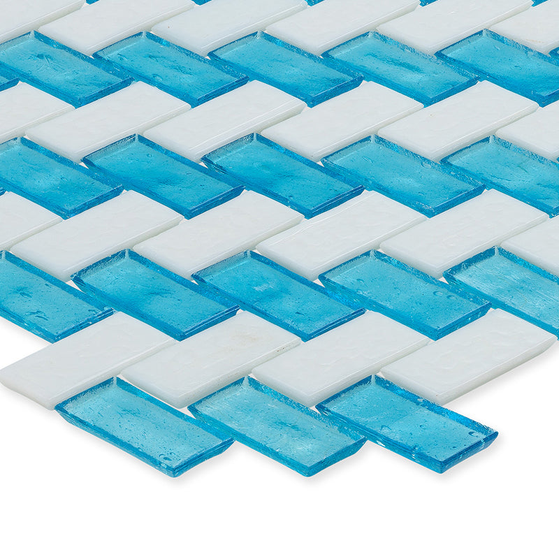Zircon and White, 1" x 2" Herringbone Double Stripe Pattern Glass Tile