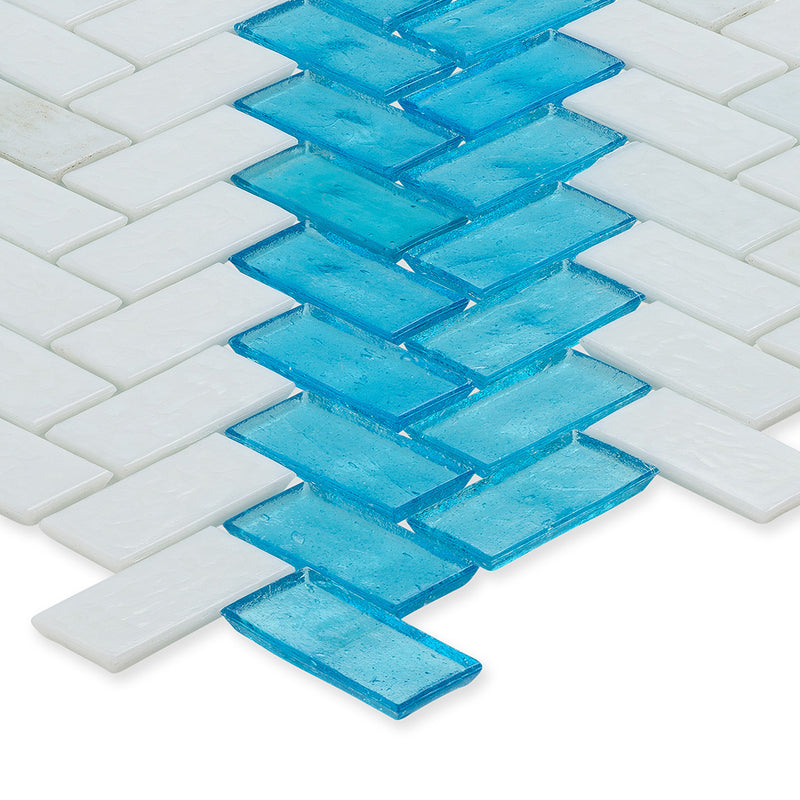 Zircon and White, 1" x 2" Herringbone Stripe Pattern Glass Tile