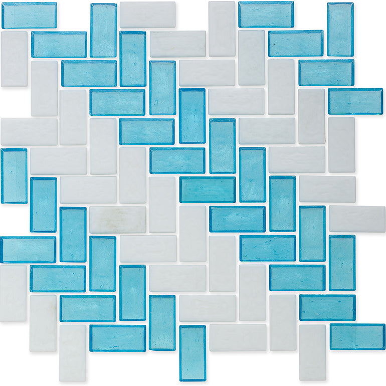 Zircon and White, 1" x 2" Herringbone Stripe Pattern Glass Tile