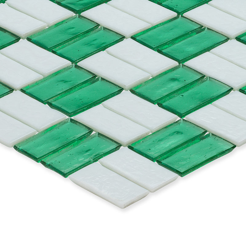 Malachite and White, 1" x 2" Basket Weave Alternating Pattern Glass Ti…