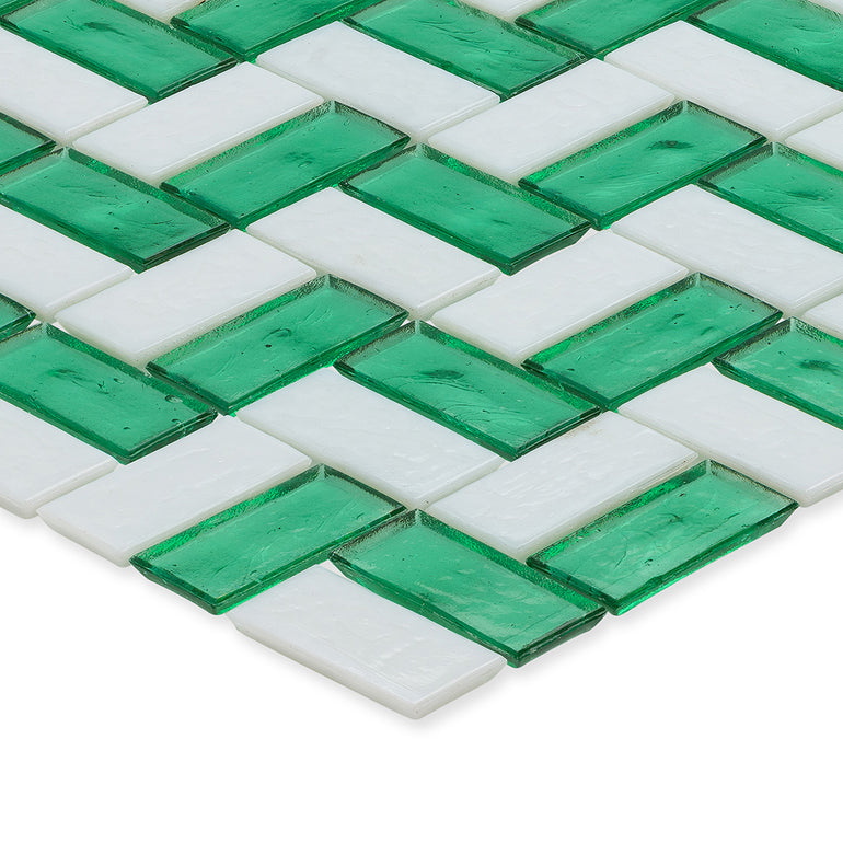 Malachite and White, 1" x 2" Basket Weave Zig-Zag Pattern Glass Tile