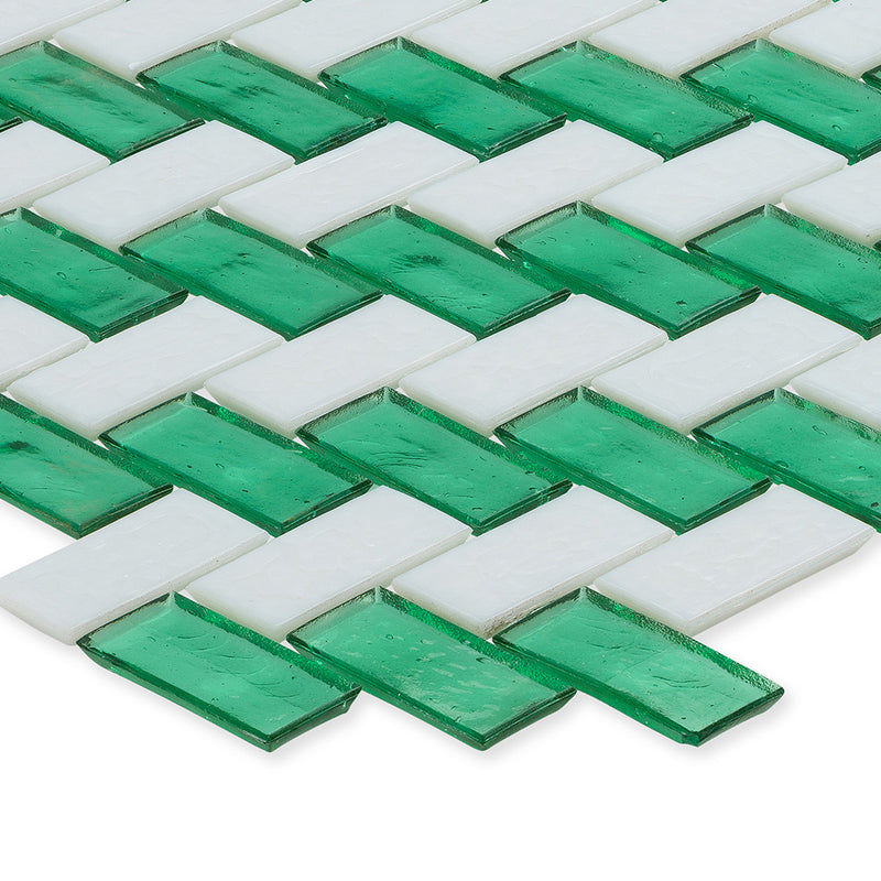 Malachite and White, 1" x 2" Herringbone Double Stripe Pattern Glass Tile