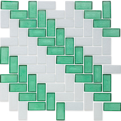 Malachite and White, 1" x 2" Herringbone Stripe Pattern Glass Tile