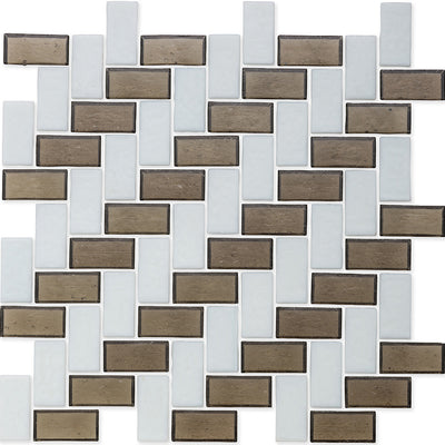 Ironstone and White, 1" x 2" Herringbone Double Stripe Pattern Glass Tile