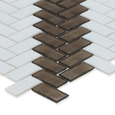 Ironstone and White, 1" x 2" Herringbone Stripe Pattern Glass Tile