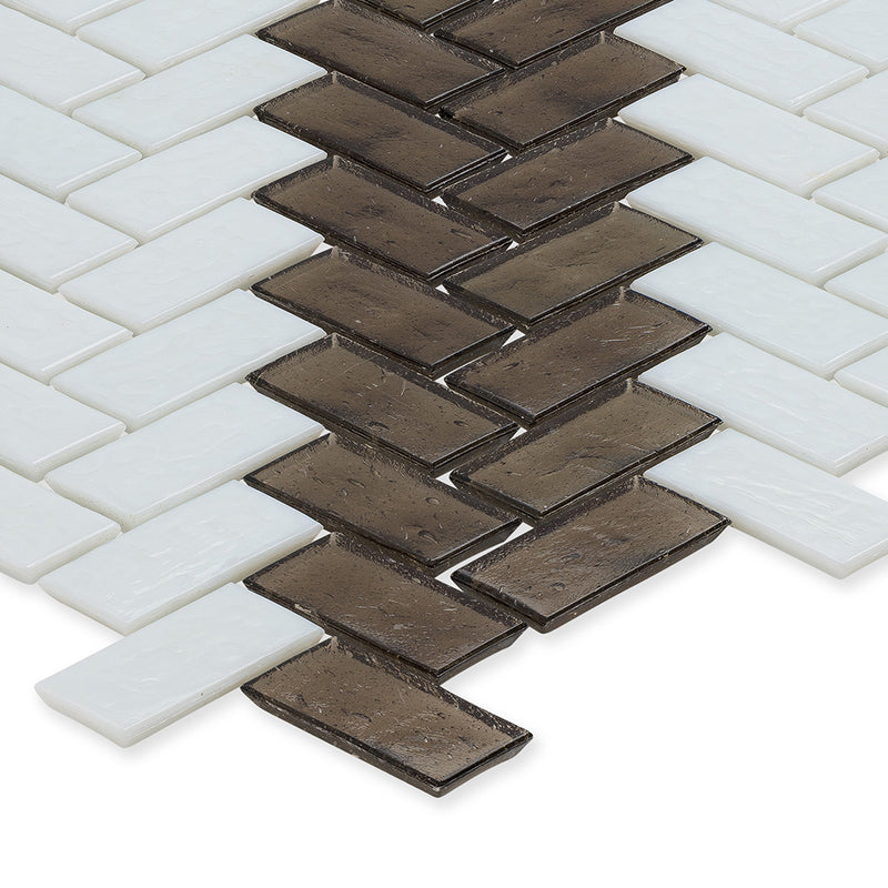 Ironstone and White, 1" x 2" Herringbone Stripe Pattern Glass Tile