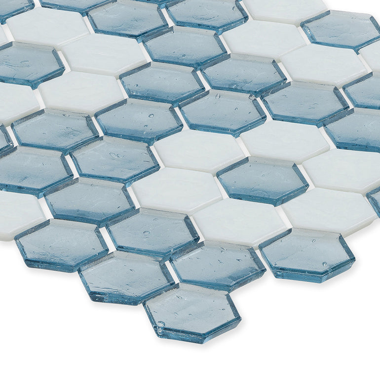 Aquamarine with White Flower, Hex Flower Pattern Glass Tile