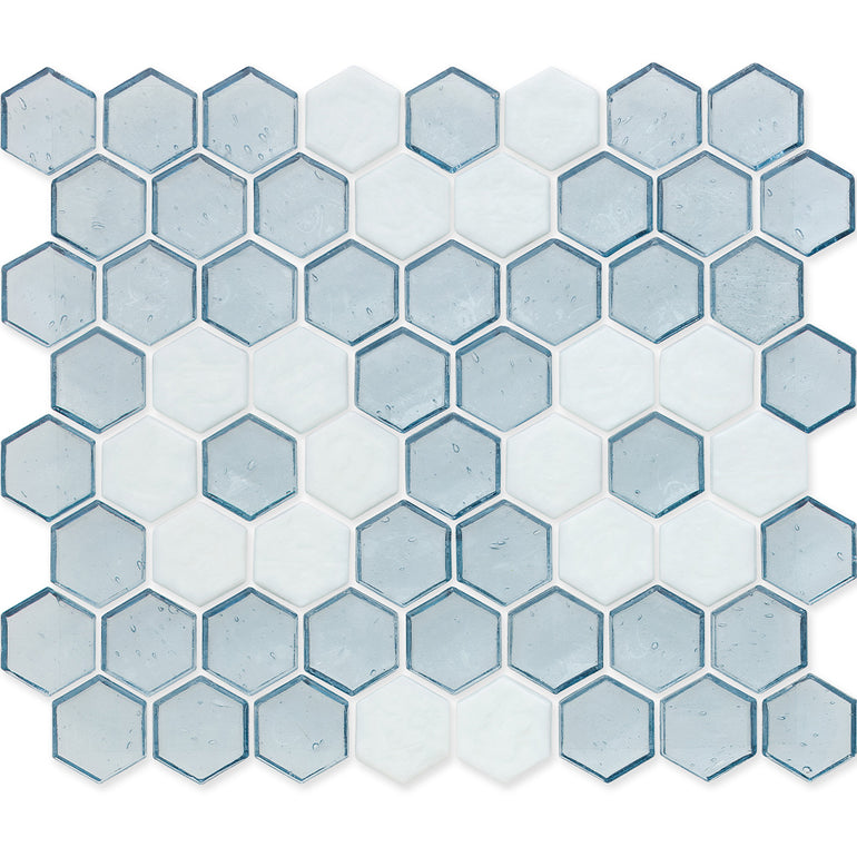 Aquamarine with White Flower, Hex Flower Pattern Glass Tile | American Glass Mosaics