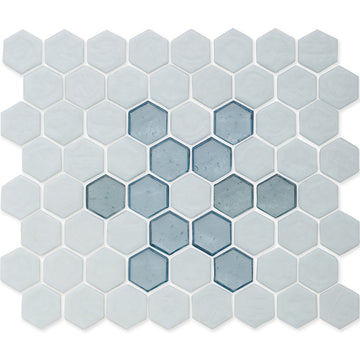 White with Aquamarine Snowflake, Hex Snowflake Pattern Glass Tile
