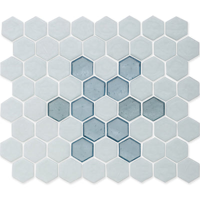 White with Aquamarine Snowflake, Hex Snowflake Pattern Glass Tile