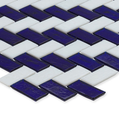 Sapphire and White, 1" x 2" Herringbone Double Stripe Pattern Glass Ti…