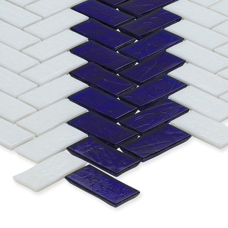 Sapphire and White, 1" x 2" Herringbone Stripe Pattern Glass Tile