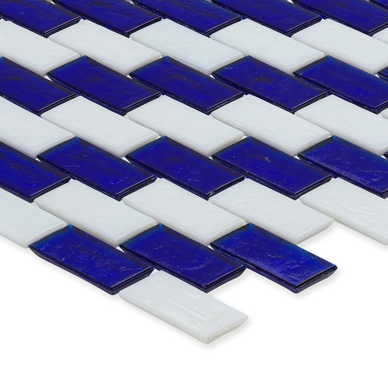 Sapphire and White, 1" x 2" Basket Weave Zig-Zag Pattern Glass Tile