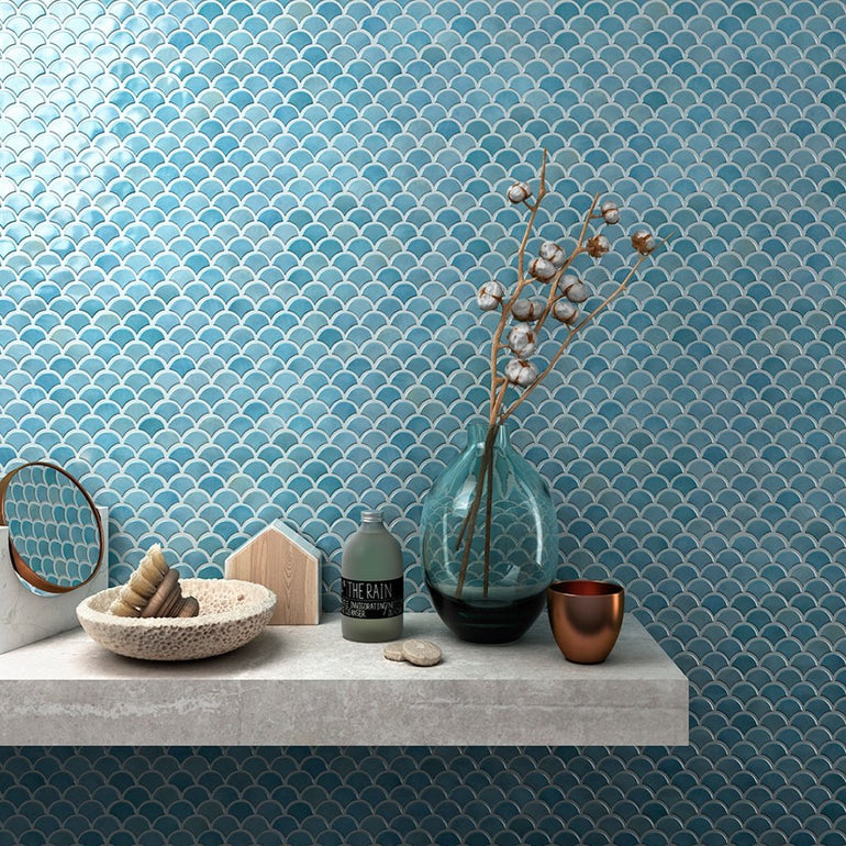Brushed Turquoise, Fish Scale Mosaic - Glass Tile