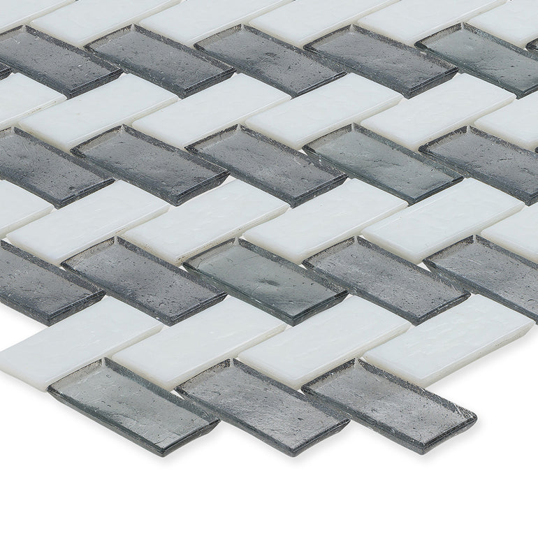 Moonstone and White, 1" x 2" Herringbone Double Stripe Pattern Glass Tile