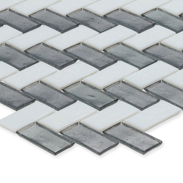 Moonstone and White, 1" x 2" Basket Weave Zig-Zag Pattern Glass Tile