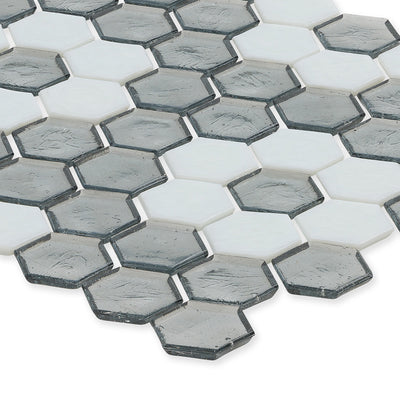 Moonstone with White Flower, Hex Flower Pattern Glass Tile