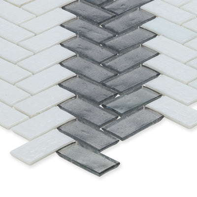Moonstone and White, 1" x 2" Herringbone Stripe Pattern Glass Tile